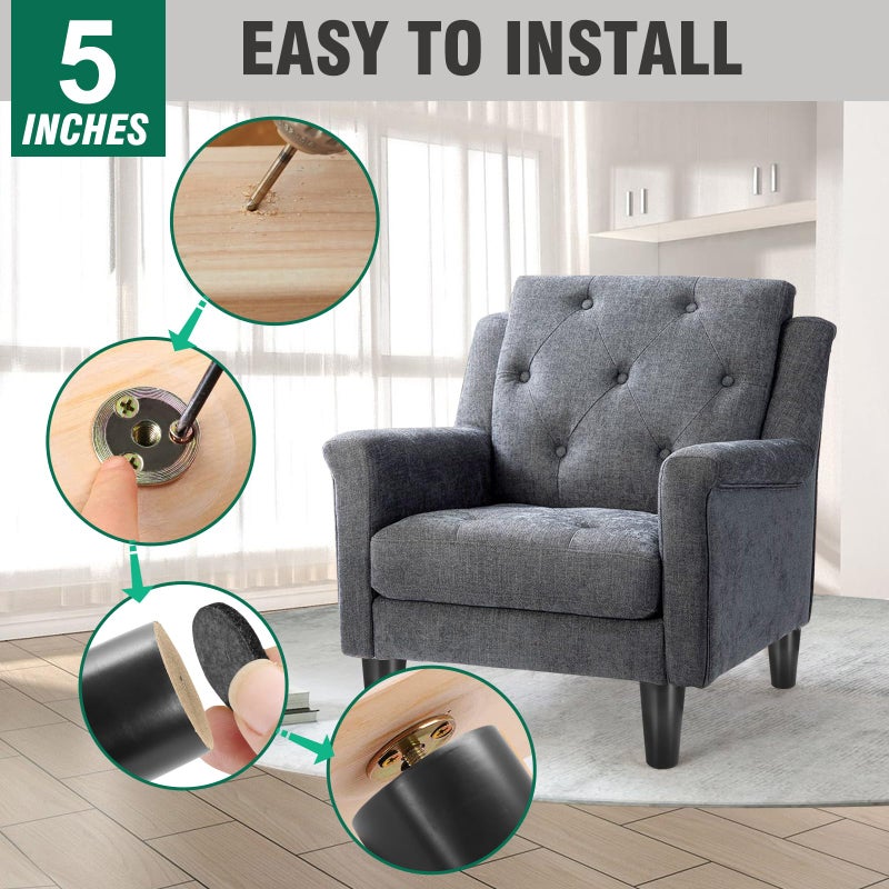 FoDau770 Black Rubber Wood Furniture Legs 5 Inches, Straight Tapered Wood Feet Mid Century Sofa Legs Set of 4, 5/16"" UNC Furniture Feet Replacement Parts for Cabinet Couch Dresser Chair Ottoman Table - Image 5
